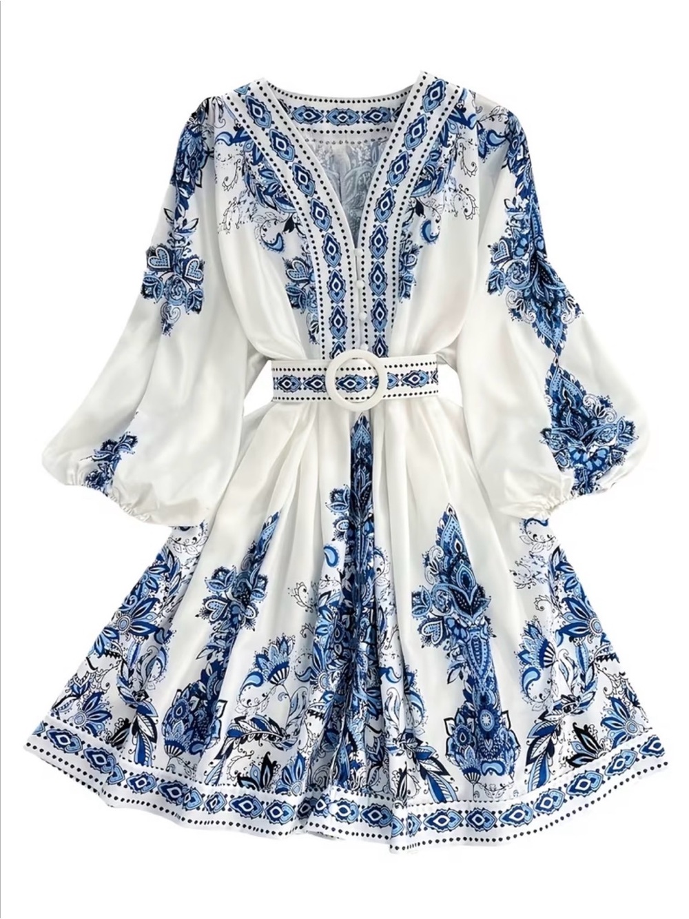 White & Blue Floral V-Neck Belted Dress
